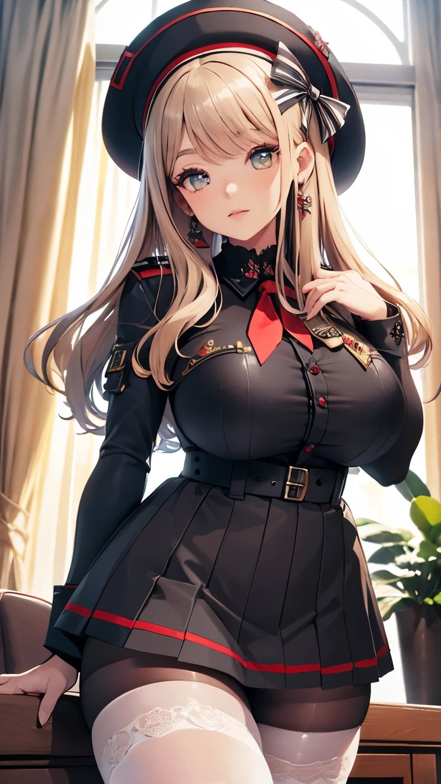 (paysage ville), (finely detailed eyes and detailed face:1.3), (extremely fine and beautiful:1.1), (Perfect details:1.1), nikke, emmadef, beret, bow, skirt, jacket, pantyhose, black shirt emmawinter, white thighhighs