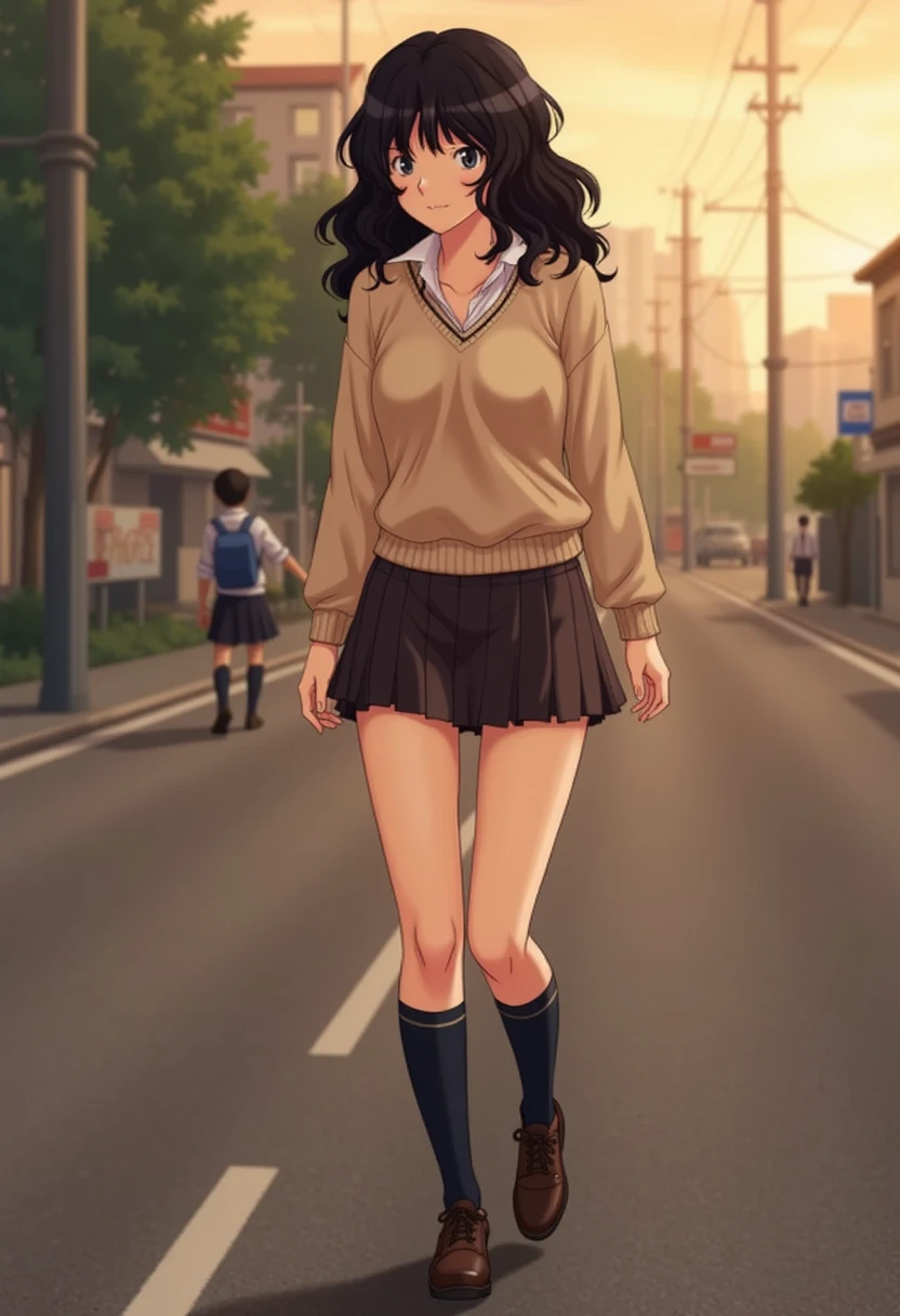 Kaoru Tanamachi(1:3), Ultra detailed face, Attention to detail,  anatomically correct body, whole body(1:2), (Beige knitwear style uniform:1.1), (Dark Brown Skirt:1.1), Japanese High School Uniform, Famous Tokyo Metropolitan High School Uniforms,  Knee-High Socks , Perfect Legs, Evening Road, sunset, Walking next to me, Brown Shoes