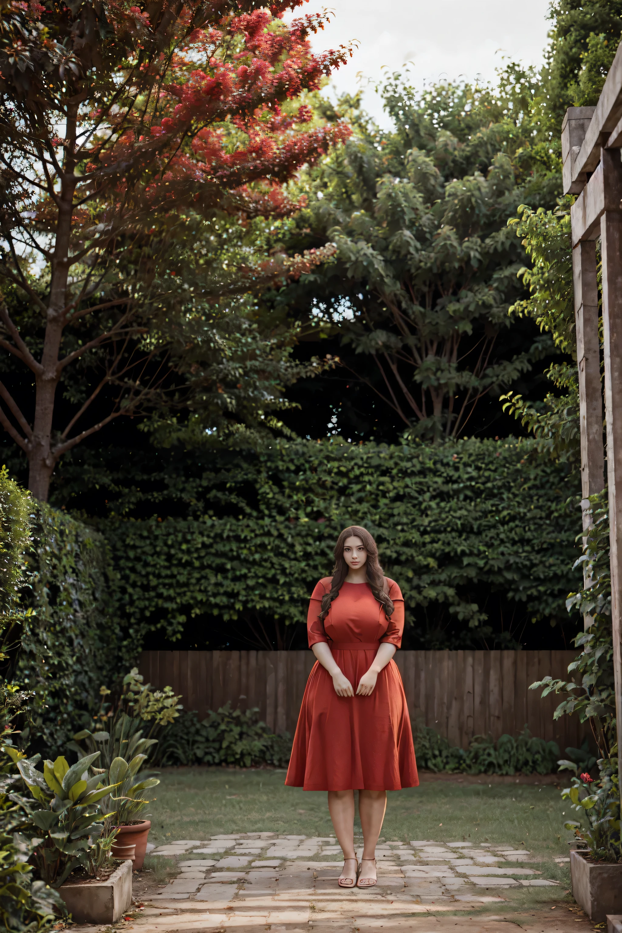 A blonde plus size woman wearing a low-cut red dress walking in a beautiful orchard in the late summer afternoon