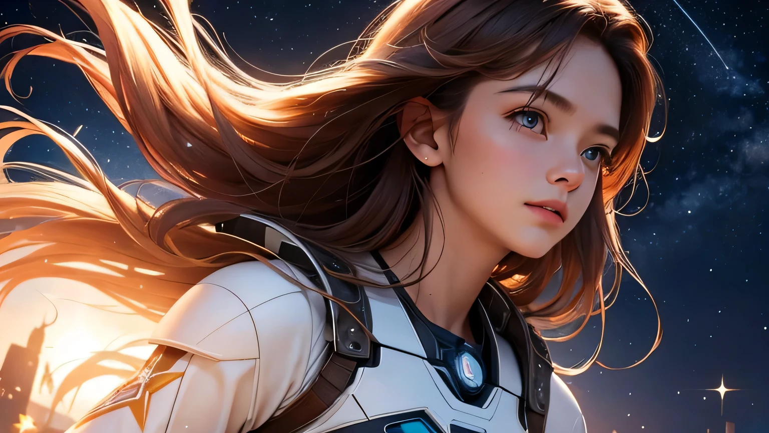 Side view,,gritty hair fit body massive breasts (protuding erect nipples) slim thighs slim waist pilot suit alone, smiling looking at the viewer. in space long hair blushing determination, 8k, Detalle extremo,More detailed 8K.motor irreal:1.4,UHD,La mejor calidad:1.4, fotorrealista:1.4, textura de la piel:1.4, obra maestra:1.8,obra-prima, mejor calidad,objeto Objeto], (detailed face features:1.3),(Traje de piloto:1.4)
