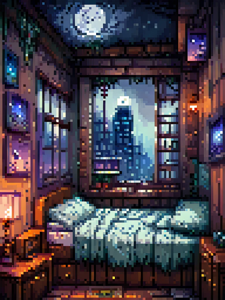 a bed in a room with a window, dark night city view, full moon, lofi, warm lighting, cinematic, moody atmosphere, detailed interior, cozy ambiance, dreamy, atmospheric, soft textures, muted colors, natural lighting, mystical, romantic, intricate details, photorealistic, high quality, masterpiece