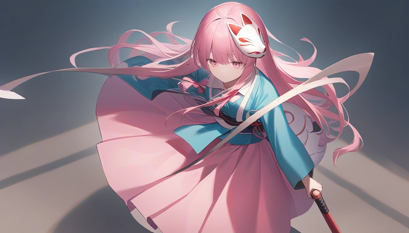 　  I'm carrying very long pink hair and a large round bulging pink skirt of Naginata  、　 Pink Eyes 　Turquoise clothes 、   　girl、 light blue naginata seen from the top right  、expressionless、   holding a naginata with a fox mask on the right side of my head　 nothing grows on my head  　View from top right 