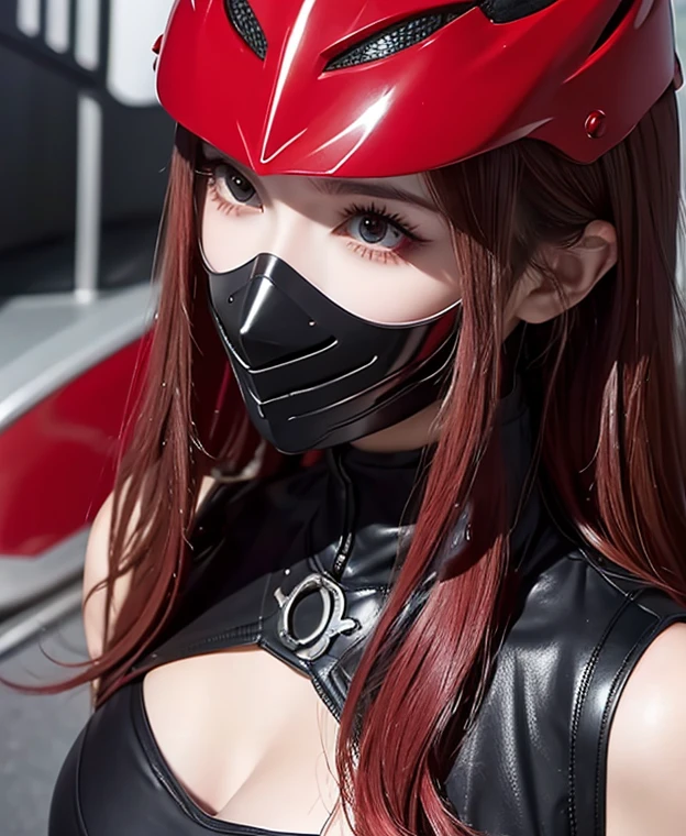 Cyborg Woman、Black robot suit、Black Mini Skirt、Red hair、Red eyebrows、Big Tits、Cleavage is out、Hairstyle Long Straight、Cyberpunk style black gas mask、Plump body、On all fours on the bed、I look down on you