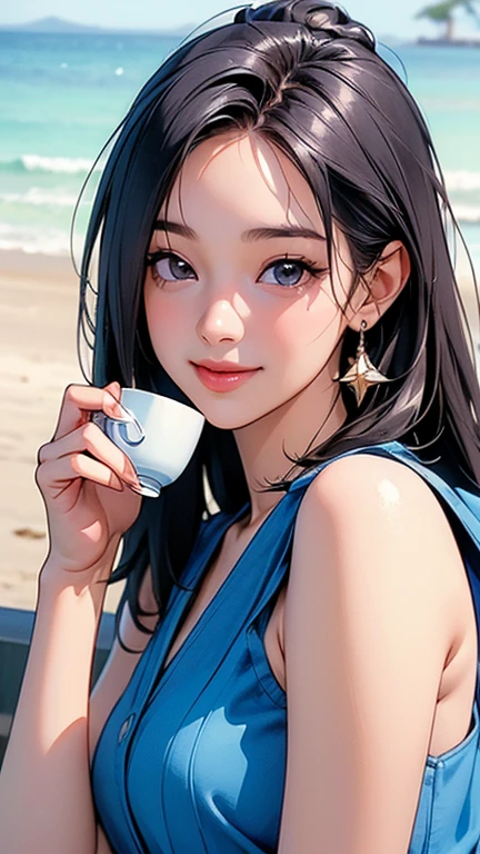 a girl drinking coffee at the beach 's coffee shop,peace dreaming lighting,realxing, summer beach and fresh air