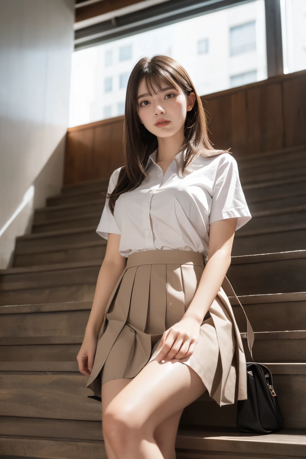 heavy rain, soaked, long hair, looking at viewer, smile, bangs, skirt, brown hair, shirt, short sleeves, brown eyes,  bob hair, Sitting in Stairway of office Building, white browce, pleated micro skirt, Natural hand , school bag,  (From below:1.2), (Plump breast:1.2), split legs, (hold own breast:1.2)