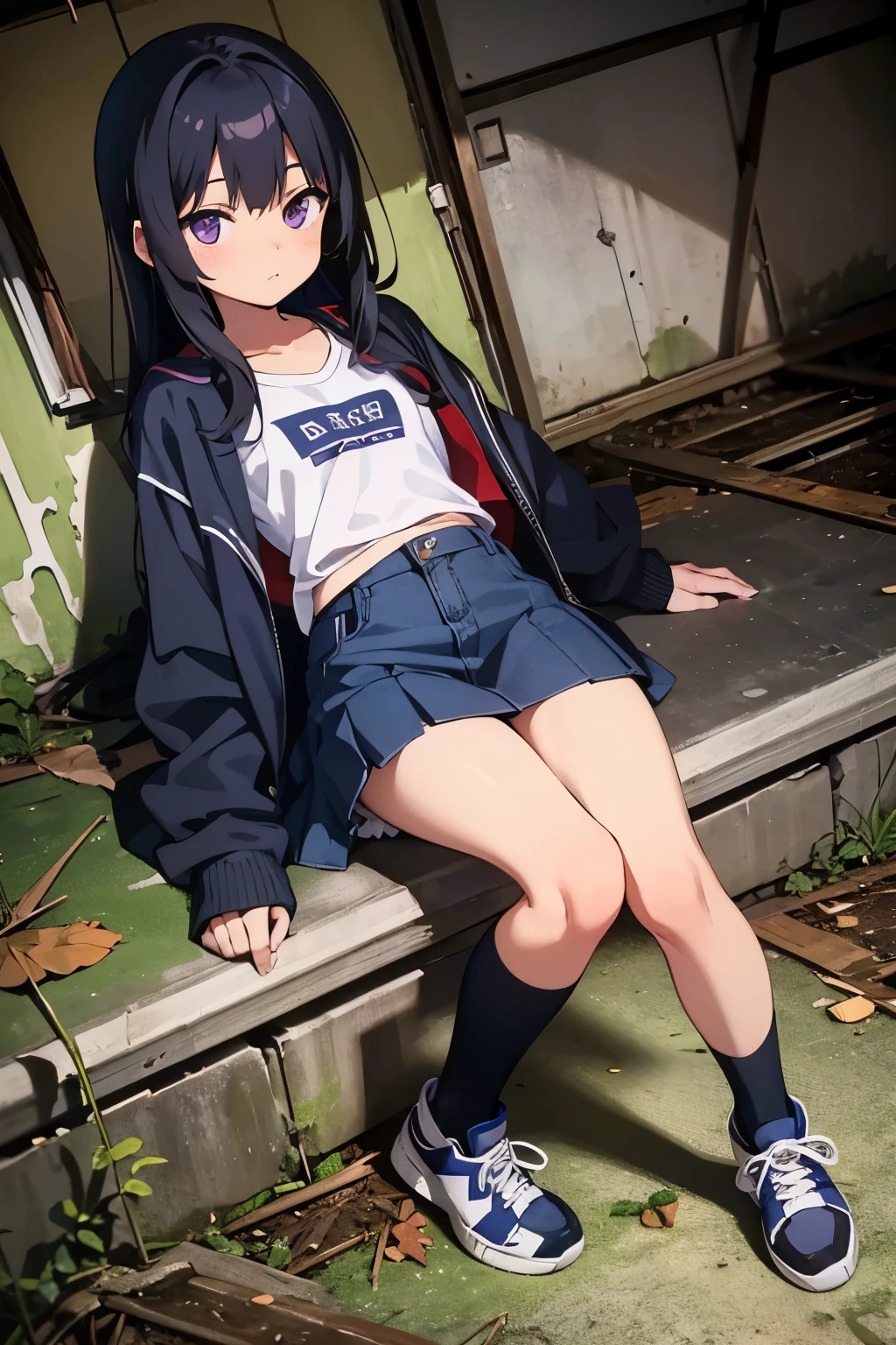 , , toddler, flat chest 　ThBlack hair, long hair, purple eyes　（（One person）） Upper body stadium jacket　Navy blue denim mini skirt　white s panties 　 High Socks 　Platform sneakers　Abandoned house　 standing　 Lower body center 　Close-up of white panties　 dynamic angle　Low angle