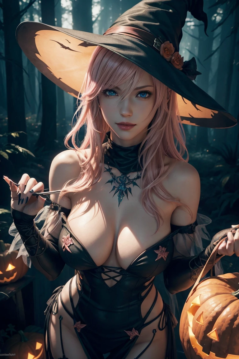 Lightning, Final Fantasy 13 ,FF13,Pink Blonde Hair ,Medium Hair,Beautiful Blue Eyes, photorealistic , super high image quality ,high quality,masterpiece, digital SLR ,Detailed details, Elaborate Details ,Anatomical basis,Depicted in detail,A detailed face, realistic skin texture ,Vivid details, Perfect Anatomy,, Perfect Anatomy, anatomically correct hand from a bird's-eye view, anatomically correct finger,Super Detail, Complex 3d Rendering , huge boobs ,Sexy posing,Beautiful night view,smile,Halloween, Halloween party , Jack O Lantern ,Halloween Night, neon color ,Witch Costume,Red lips,Midnight Forest,Witch Hat,Happy Halloween,