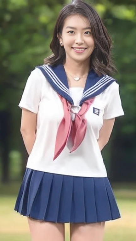  beautiful Japanese woman wearing a G jacket, white skin,(plump body, Big Breasts,Emphasizes plump thighs:1.5),(Japanese high school uniform,earrings,Sailor uniform, Neckerchief,Ultra short micro mini skirt,Short socks, wearing loafers:1.2),( standing in the park,Full body shot from head to toe,full body,standing:1.2),looking at viewer,smile,surrealism, depth of field, from below, Sony FE, 8k, wakudamayuko