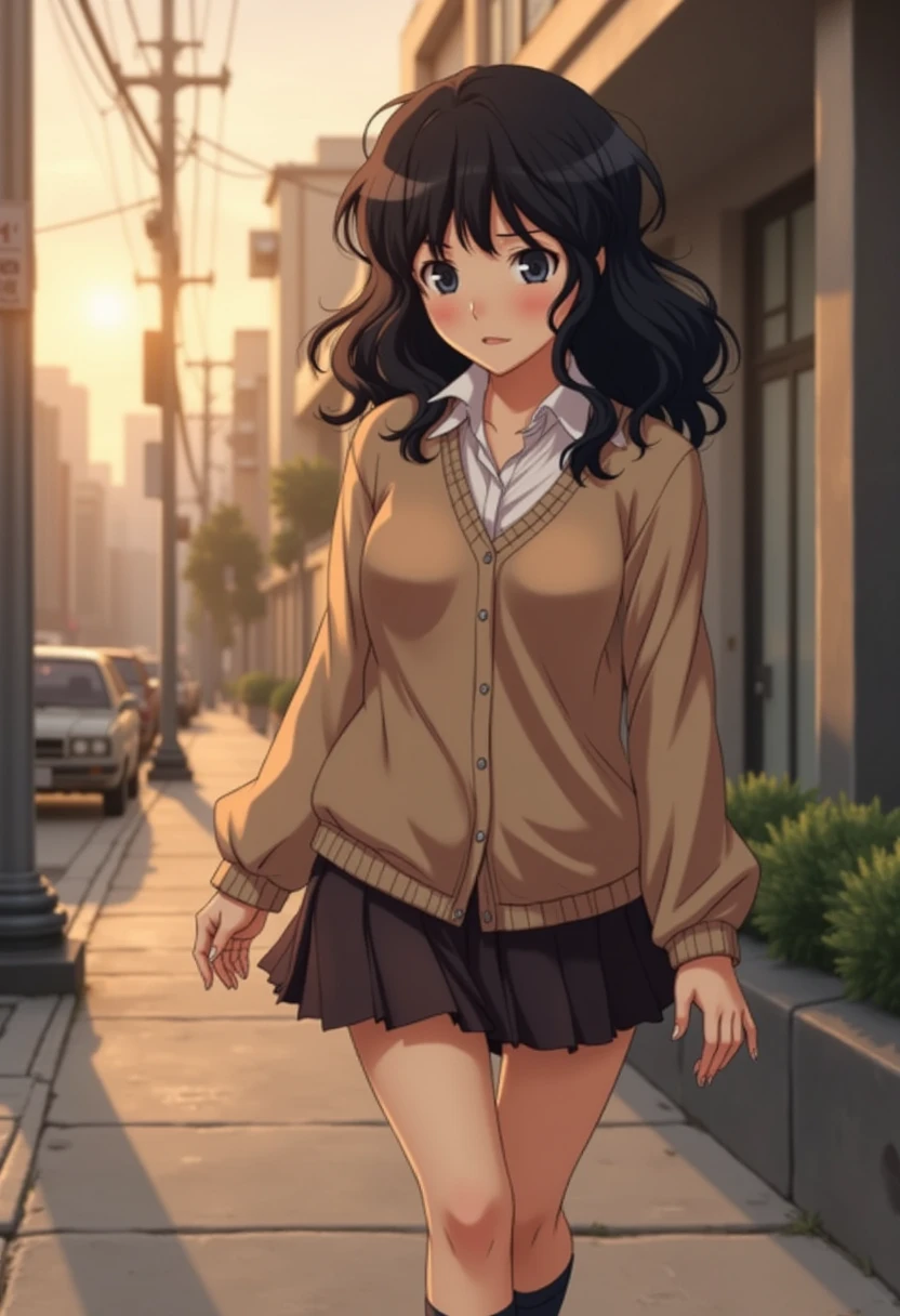 Kaoru Tanamachi(1:2), Ultra detailed face, Attention to detail,  anatomically correct body, whole body(1:2), (Beige knitwear style uniform:1.1), (Dark Brown Skirt:1.1), Japanese High School Uniform, Famous Tokyo Metropolitan High School Uniforms,  Knee-High Socks , Perfect Legs, evening sidewalk, sunset, Walking next to me, Brown Shoes