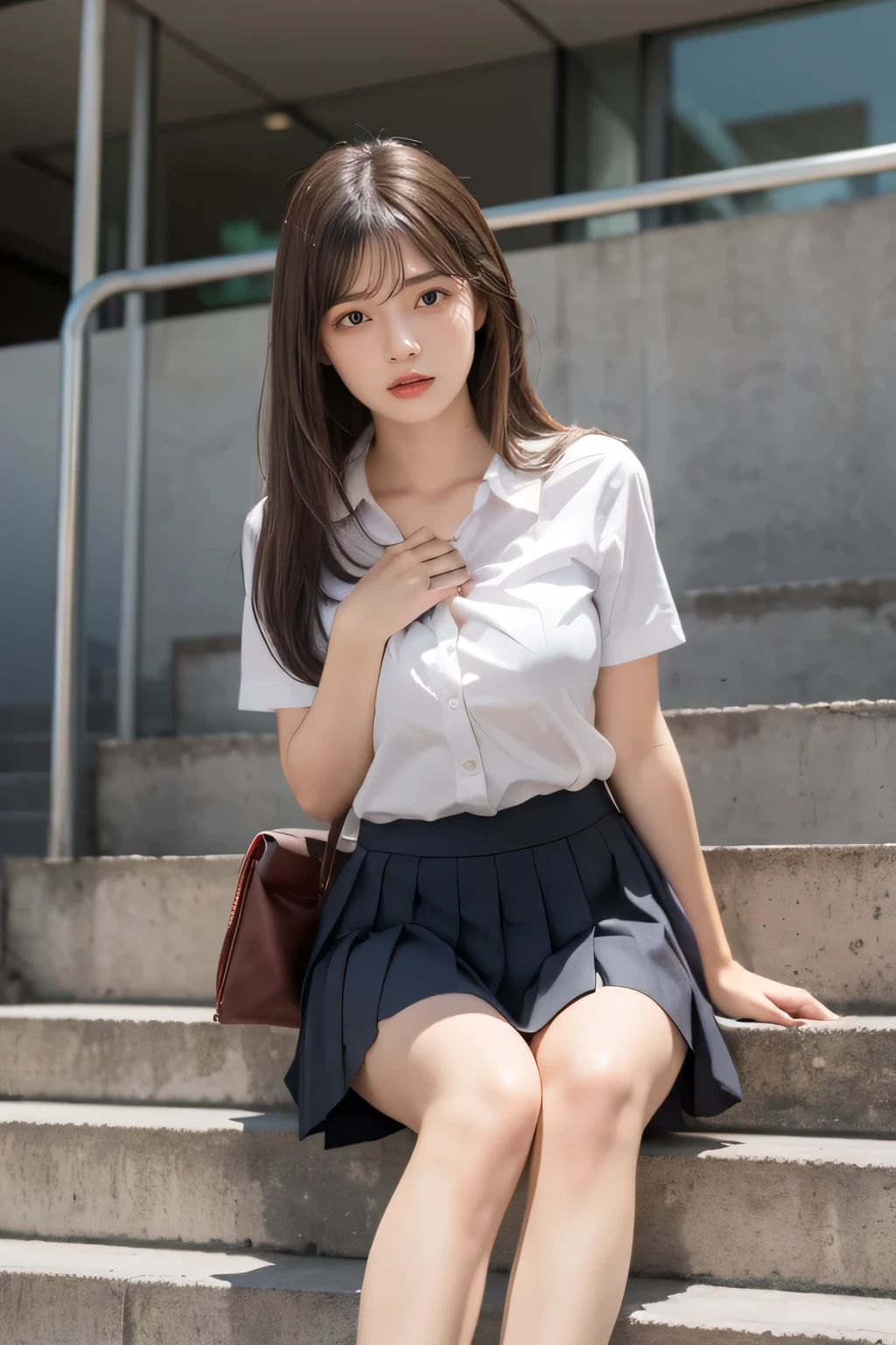 heavy rain, soaked, long hair, looking at viewer, smile, bangs, skirt, brown hair, shirt, short sleeves, brown eyes,  bob hair, Sitting in Stairway of office Building, white browce, pleated micro skirt, Natural hand , school bag,  (From below:1.2), (Plump breast:1.2), split legs, (hold own breast:1.2)