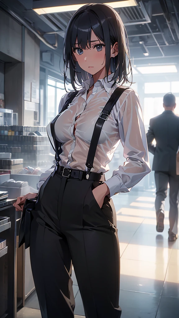 Woman in a suit, belt, Hands on back,  sweaty,  suspenders,  black pants , Large Breasts, see-through clothing, rain, Detective, Office Workers,  white button up shirt , ( best quality,4K,8k, High Resolution ,masterpiece:1.2),Ultra-detailed,(Realistic,photoRealistic,photo-Realistic:1.37),Hyper Details,High definition face and body, slender　thin　 suspenders　Medium Breast　 see-through shirt 　Nipples　　Lock　pistol　Armament　Criminal　Female Criminal　knife 　 Hands on back　Constraints 程よい胸 黒いマスク
