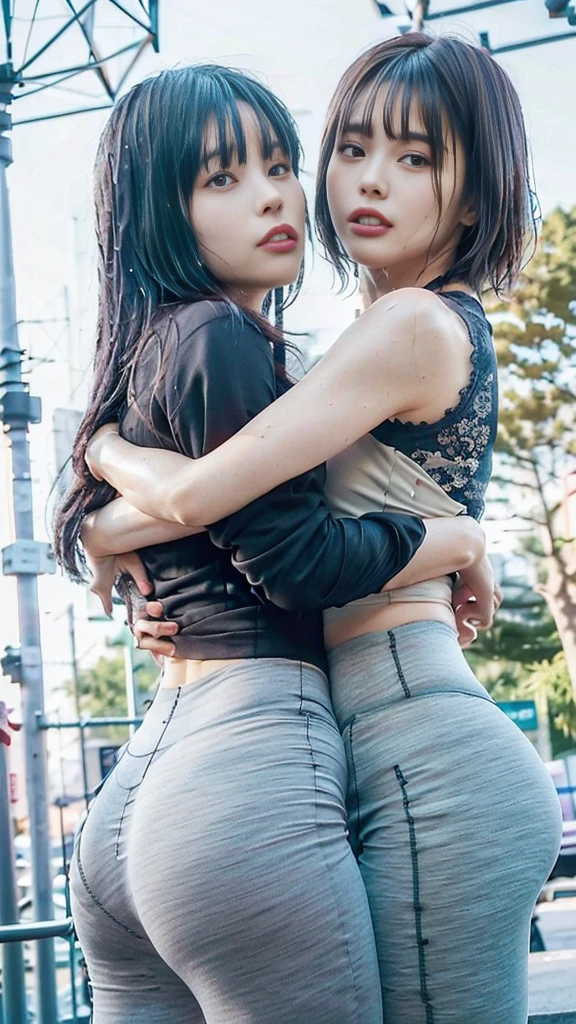 👭, 2chinese girl, pale_skin, random color hair, black cosmetics, orange sport underwear, high waist, random basic pose, against random epic background