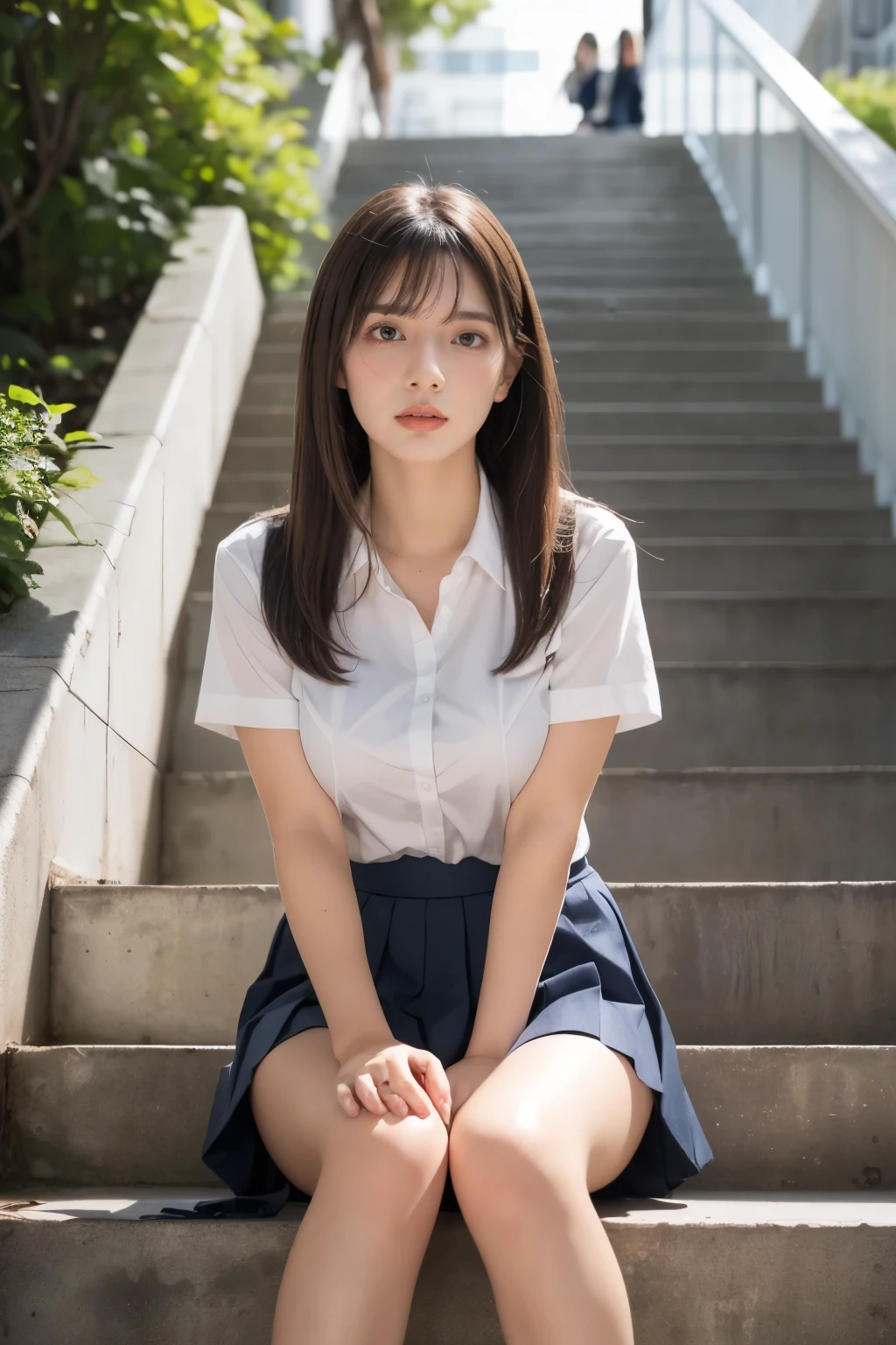 heavy rain, soaked, long hair, looking at viewer, smile, bangs, skirt, brown hair, shirt, short sleeves, brown eyes,  bob hair, Sitting in Stairway of office Building, white browce, pleated micro skirt, Natural hand , school bag,  (From below:1.2), (Plump breast:1.2), split legs, (hold own breast:1.2)