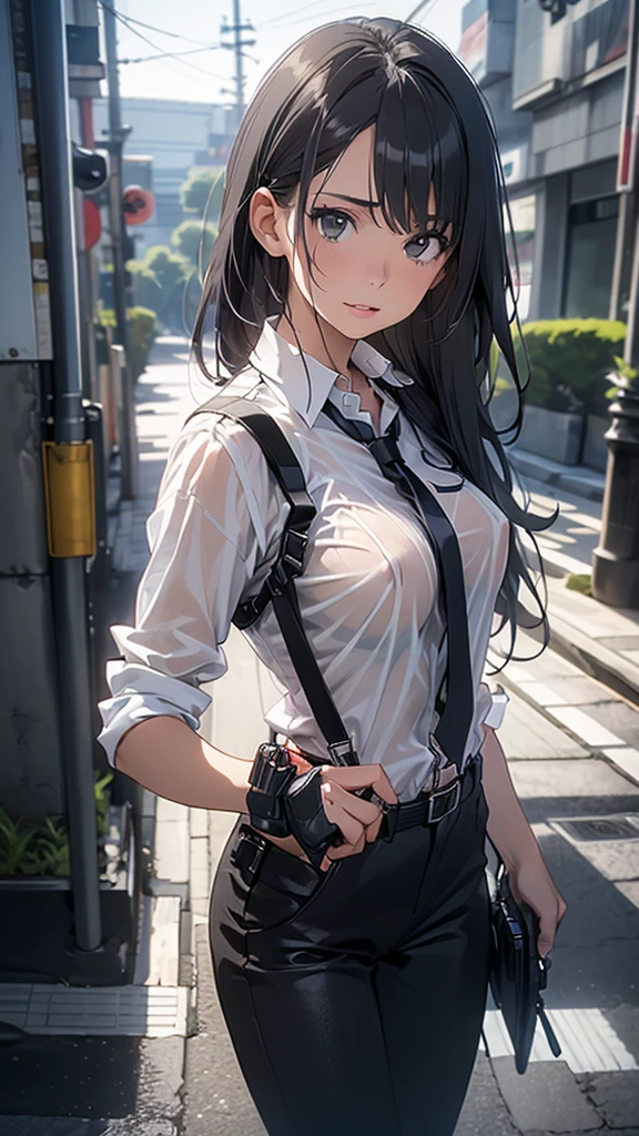 Woman in a suit, belt, Hands on back,  sweaty,  suspenders,  black pants , Sexy, Large Breasts, see-through clothing, rain, Detective, Office Workers,  white button up shirt , ( best quality,4K,8k, High Resolution ,masterpiece:1.2),Ultra-detailed,(Realistic,photoRealistic,photo-Realistic:1.37),Hyper Details,Highly detailed face and body, slender　thin　 suspenders　Medium Breast　 see-through shirt 　Nipples　　Lock　pistol　Armament　Criminal　Female Criminal　knife　Japanese　 profile 　Japanese women　Arrest Handcuffs　belt rain　See-through　holster　 leg links　Armament　
