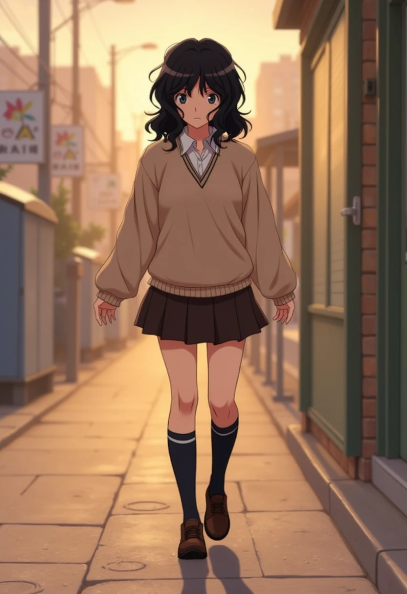 Kaoru Tanamachi(1:2), Ultra detailed face, Attention to detail,  anatomically correct body, whole body(1:2), (Beige knitwear style uniform:1.1), (Dark Brown Skirt:1.1), Japanese High School Uniform, Famous Tokyo Metropolitan High School Uniforms,  Knee-High Socks , Perfect Legs, Worried expression,evening sidewalk, sunset, Walking next to me, Brown Shoes