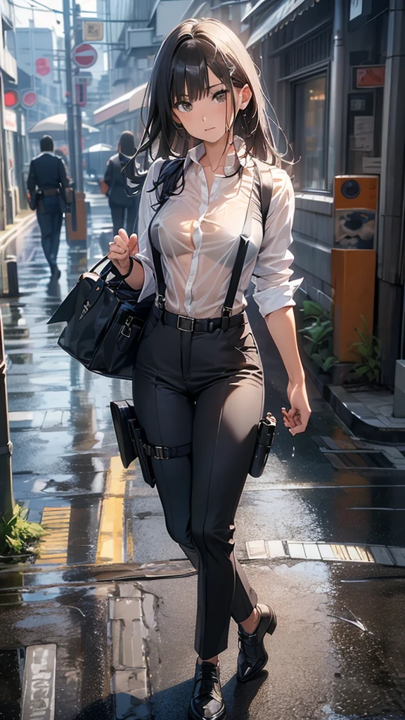 Woman in a suit, belt, Hands on back,  sweaty,  suspenders,  black pants , Sexy, Large Breasts, see-through clothing, rain, Detective, Office Workers,  white button up shirt , ( best quality,4K,8k, High Resolution ,masterpiece:1.2),Ultra-detailed,(Realistic,photoRealistic,photo-Realistic:1.37),Hyper Details,Highly detailed face and body, slender　thin　 suspenders　Medium Breast　 see-through shirt 　Nipples　　Lock　pistol　Armament　Criminal　Female Criminal　knife　Japanese　 profile 　Japanese women　Arrest Handcuffs　belt rain　See-through　holster　 leg links　Armament　
