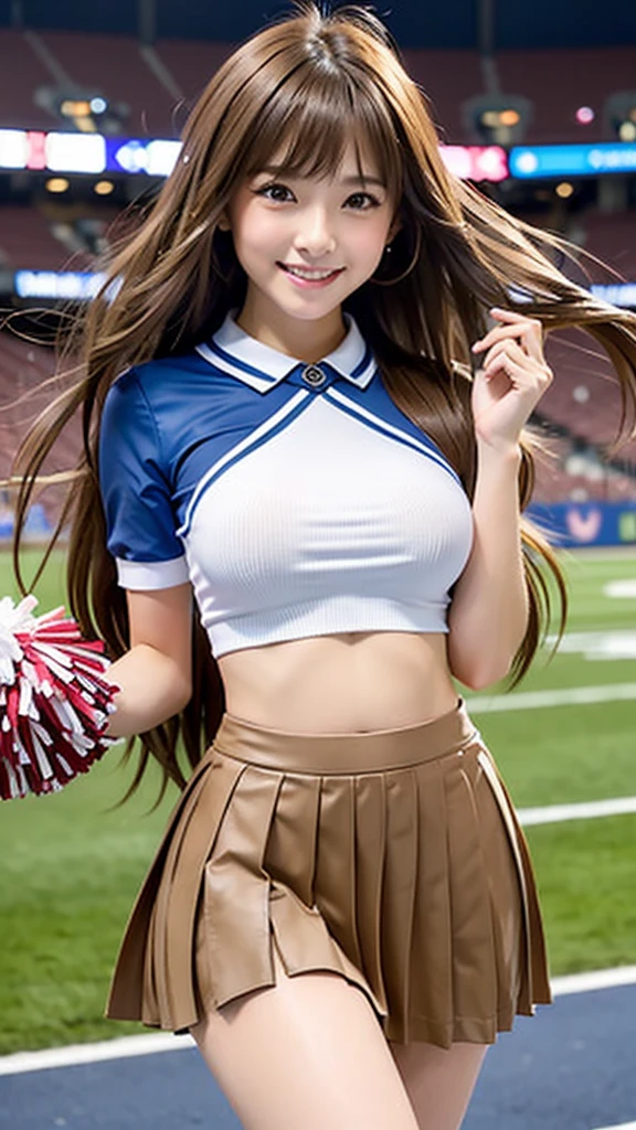 8K, muste piece, Raw photo, best quality, photorealistic, Highly detailed CG unity 8k wallpaper, Depth of the bounds written, cinematic light, realistic skin, lens flare, ray trace, 1 girl japanese, (extremely beautiful face), beautiful lips, beautiful eyes, (intricate detail face), ((Super detailed skin)), in the darkness, deep shadow, (very slim and slender fit muscular body:1.3), (a big smile:1.3), make eyes clear, walking , front shot, pale skin, (blown hair), open navel, (Looking at Viewer:1.3), (very slim), ((small breasts)), (tall,slender face), model body shape, (full body), ((slender:1.5)), standing, ((background sports stadiums:1.3)), (from front), high quality, photorealistic, highly detailed, (show off nipple:1.5), ((bare pussy:1.2)), ((pubic hair:1.3)), (bottomless:1.2), (cheerleader:1.3), (thigh-high socks), (swet:1.3), ((lower body is exposed:1.6)),