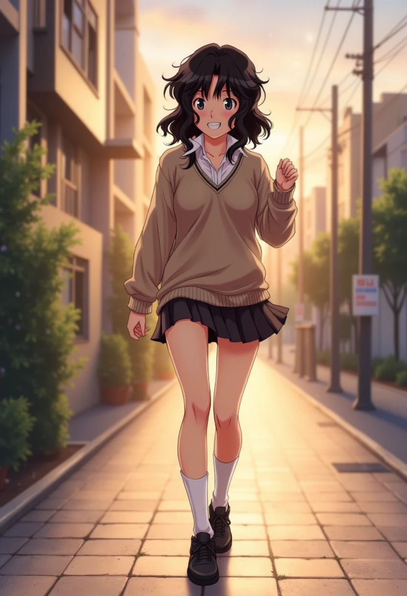 Kaoru Tanamachi(1:2), Ultra detailed face, Attention to detail,  anatomically correct body, whole body(1:2), (Beige knitwear style uniform:1.1), (Dark Brown Skirt:1.1), Japanese High School Uniform, Famous Tokyo Metropolitan High School Uniforms,  Knee-High Socks , Perfect Legs, Grinning face,evening sidewalk, sunset, Walking next to me, Brown Shoes