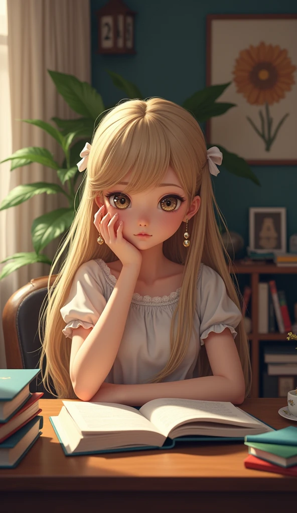 ((masterpiece,best quality, high resolution)), 1girl, solo, green eyes, blonde long hair tied with blue ribbon, blunt bangs, sitting, folded arms on the table, sleep on the folded arms, , white serafuku, red sailor collar, short sleeves, white pleated skirt, (in library), dramatic light, beside window, afternoon light through the window, afternoon, bokeh effect