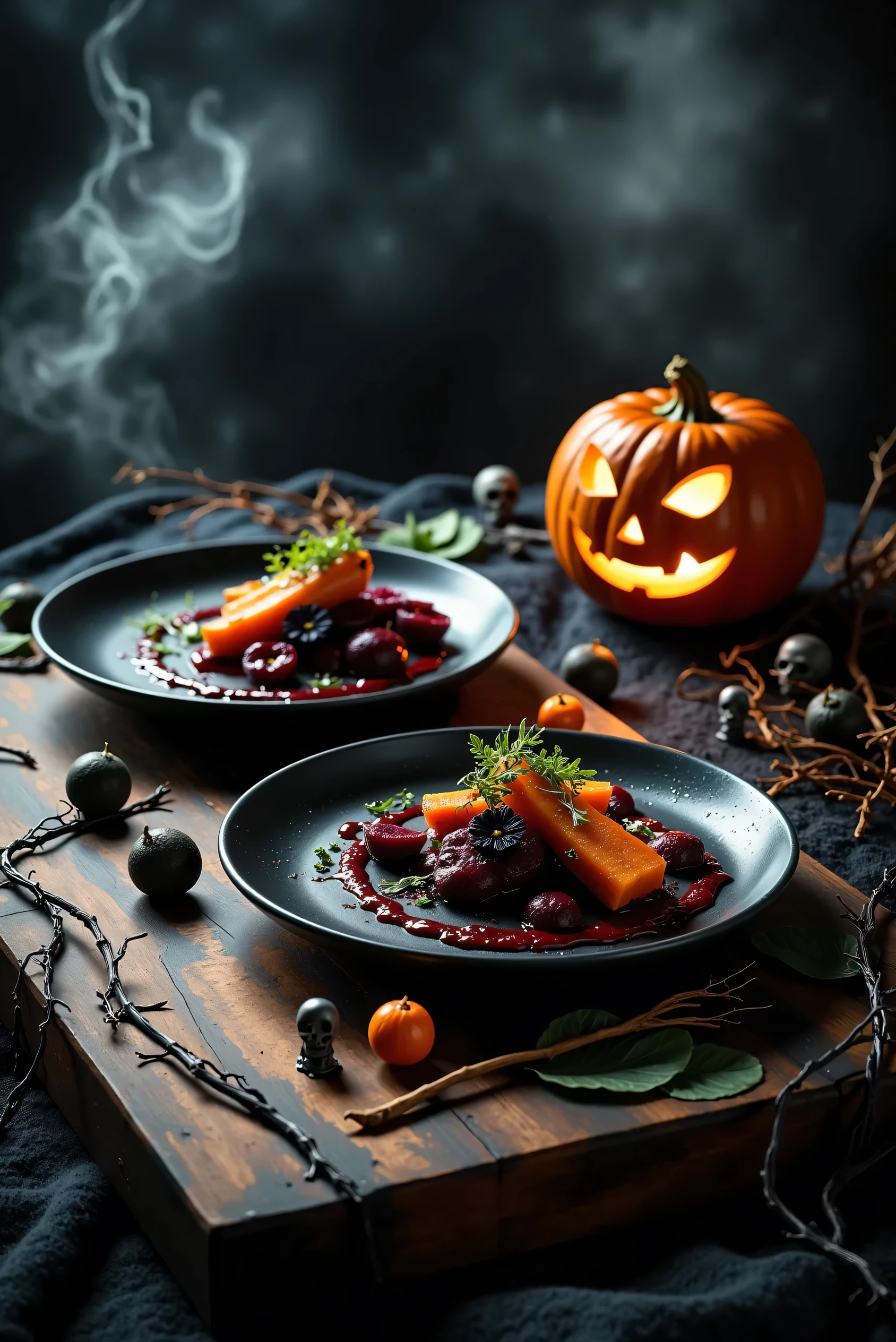 A hyper-realistic, close-up photograph of a cinematic Halloween-themed gourmet collection, captured with a 50mm prime lens. The scene showcases a haunting array of elegantly plated dishes, featuring roasted seasonal root vegetables like butternut squash, heirloom carrots, and golden beets, presented in deep blood reds, shadowy purples, and rich, dark golden browns. Each dish is intricately arranged on weathered, dark ceramic plates with eerie, Halloween-inspired accents, such as edible black flowers, dark microgreens, and drizzles of deep crimson berry sauce. The dishes rest on an ancient-looking, charred wooden board, surrounded by twisted dried leaves, blackened cinnamon sticks, small skull-shaped chocolates, and a glowing jack-o'-lantern with a sinister smile, casting flickering light across the scene. The background is softly blurred with a misty, fog-like bokeh effect, creating a supernatural, otherworldly feel. Soft, moonlit tones combined with the jack-o'-lantern’s warm glow cast eerie shadows, highlighting the chilling details and enhancing the spectral ambiance. The shot is taken from a slightly angled perspective, capturing the dark allure, refined craftsmanship, and unsettling beauty of the horror-inspired gourmet collection, invoking a sense of spooky elegance and culinary magic.