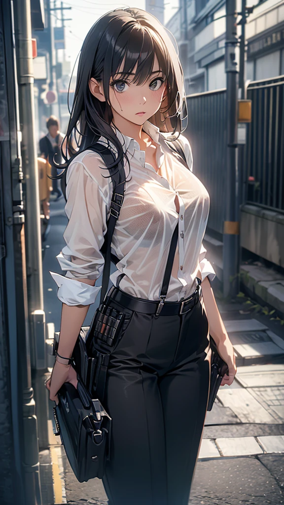 Woman in a suit, belt, Hands on back,  sweaty,  suspenders,  black pants , Sexy, Large Breasts, see-through clothing, rain, Detective, Office Workers,  white button up shirt , ( best quality,4K,8k, High Resolution ,masterpiece:1.2),Ultra-detailed,(Realistic,photoRealistic,photo-Realistic:1.37),Hyper Details,Highly detailed face and body, slender　thin　 suspenders　Medium Breast　 see-through shirt 　Nipples　　Lock　pistol　Armament　Criminal　Female Criminal　knife　Japanese　 profile 　Japanese women　Arrest Handcuffs　belt rain　See-through　holster　 leg links　Armament　
