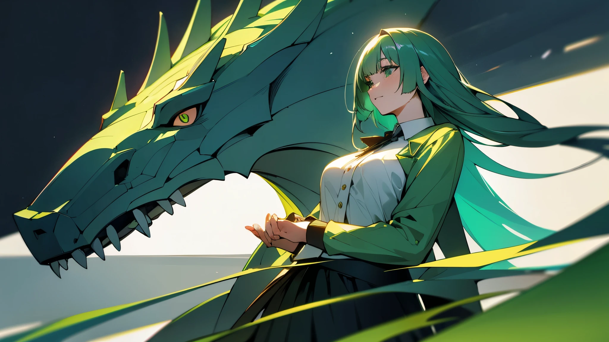 a woman with dragon elements, long hair with green inner color, three-quarter view, dragon horns, sukajan jacket, dress shirt, pleated skirt, green eyes, intricate details, high quality, (best quality,4k,8k,highres,masterpiece:1.2),ultra-detailed,(realistic,photorealistic,photo-realistic:1.37),cinematic lighting,dramatic colors,fantasy,digital painting