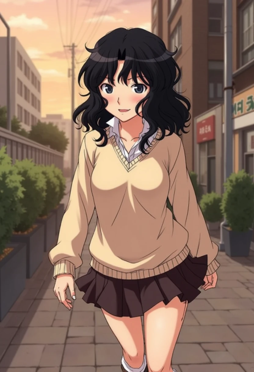 Kaoru Tanamachi(1:2), Ultra detailed face, Attention to detail,  anatomically correct body, whole body(1:2), (Beige knitwear style uniform:1.1), (Dark Brown Skirt:1.1), Japanese High School Uniform, Famous Tokyo Metropolitan High School Uniforms,  Knee-High Socks , Perfect Legs,  mischievous smile,evening sidewalk, sunset, Walking next to me, Brown Shoes