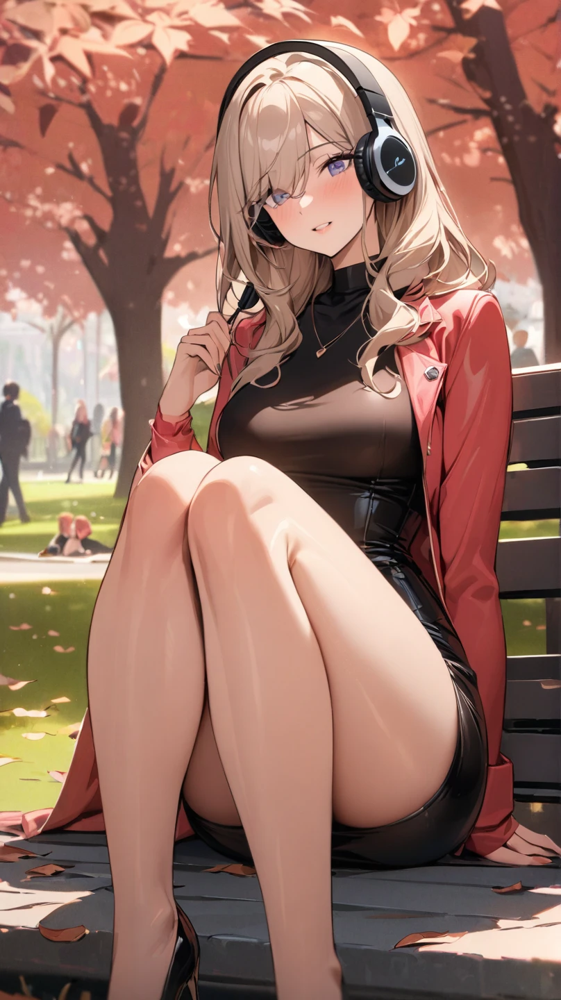 Age 30 years woman, Long blonde hair with pin doll, Wearing left eye patch, wearing a black red white bodysuit, high heels, red eyes, sitting on a Park bench, view of the high tower Behind, sad, best quality, masterpiece, HD, Full Body, beautiful face