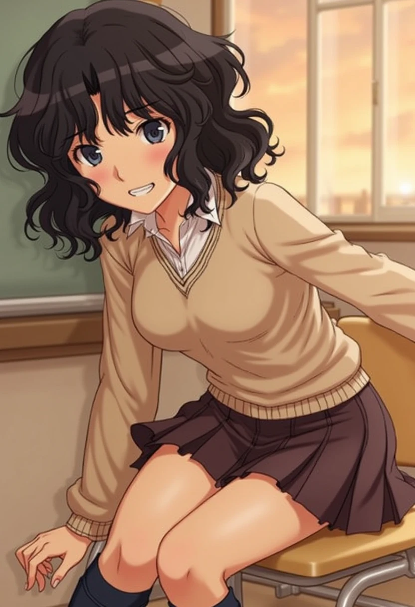 Kaoru Tanamachi(1:2), Ultra detailed face, Attention to detail,  anatomically correct body, whole body(1:2), (Beige knitwear style uniform:1.1), (Dark Brown Skirt:1.1), Japanese High School Uniform, Famous Tokyo Metropolitan High School Uniforms,  Knee-High Socks , Perfect Legs,  mischievous smile,Evening Classroom, sunset, Walking next to me,  sitting on a chair ,White slippers