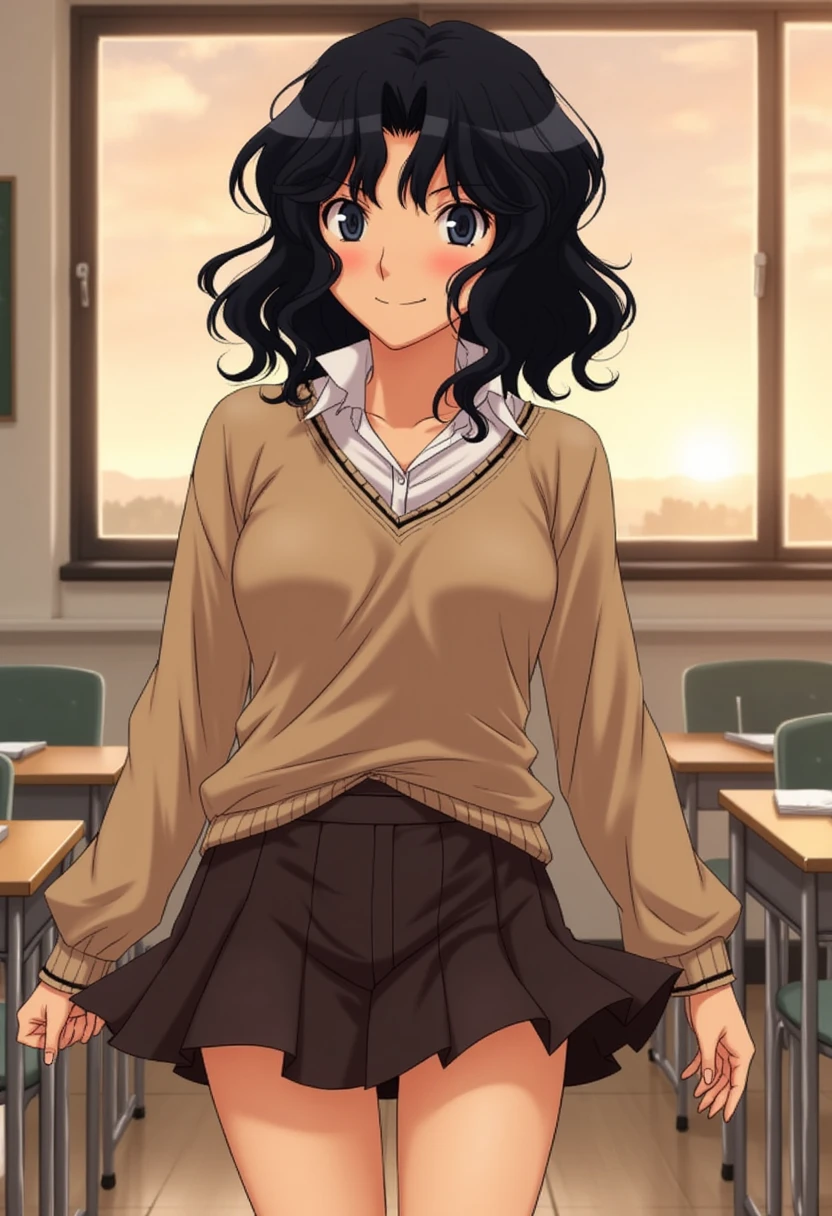 Kaoru Tanamachi(1:2), Ultra detailed face, Attention to detail,  anatomically correct body, whole body(1:2), (Beige knitwear style uniform:1.1), (Dark Brown Skirt:1.1), Japanese High School Uniform, Famous Tokyo Metropolitan High School Uniforms,  Knee-High Socks , Perfect Legs,  mischievous smile,Evening Classroom, sunset, Walking next to me,  sitting on a chair ,White slippers