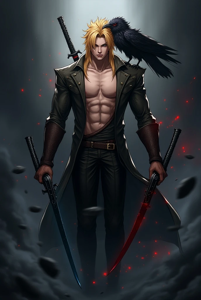 The image is anime style cowboy bebop and Darker than black with shadows and dim lights, anime style although somewhat adult and dark, It shows a 20-year-old man with many scars on his face.. Blonde Black Eyes. He is standing in the middle of a dark forest. From his body come out, swords emerge, knives and pocket knives. He shows himself to be aggressive.