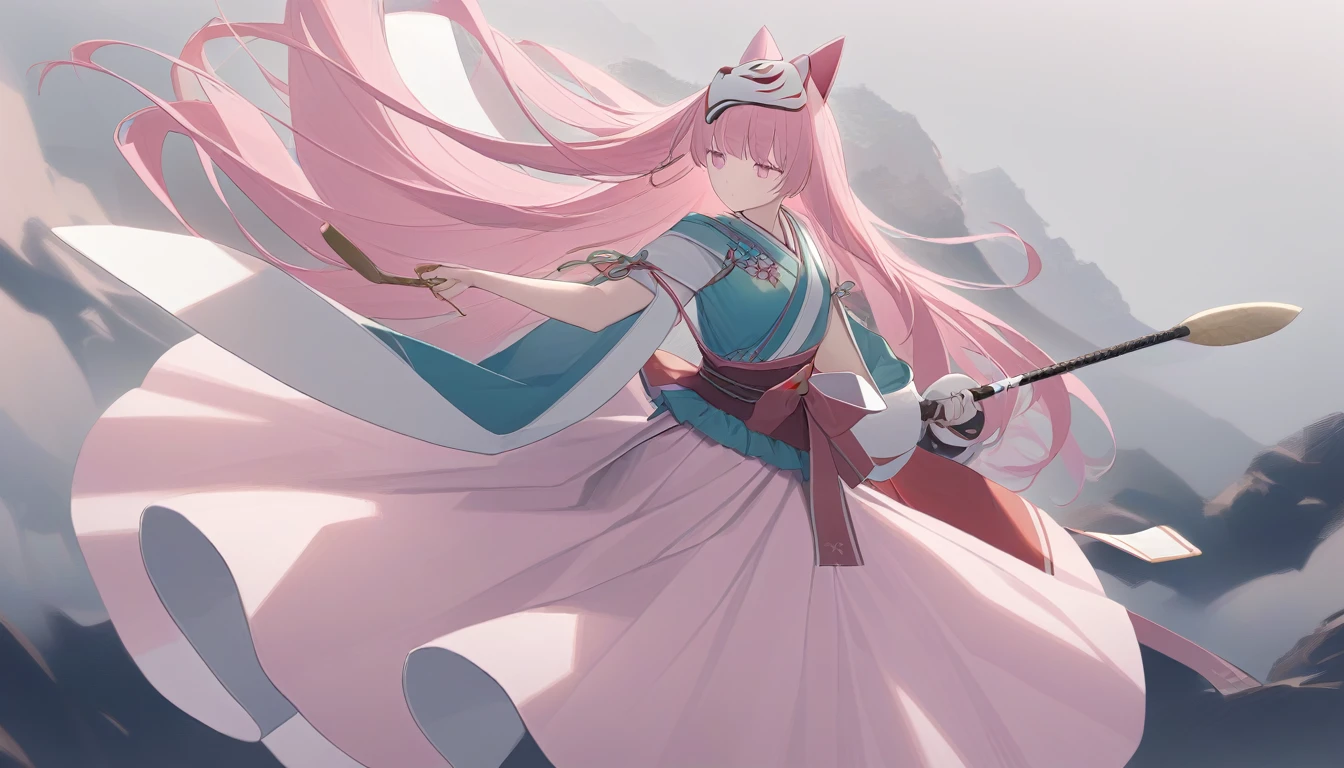 　  I'm carrying very long pink hair and a large round bulging pink skirt of Naginata  、　 Pink Eyes 　Turquoise clothes 、   　girl、 light blue naginata seen from the top right  、expressionless、   holding a naginata with a fox mask on the right side of my head　 nothing grows on my head  　View from top right 