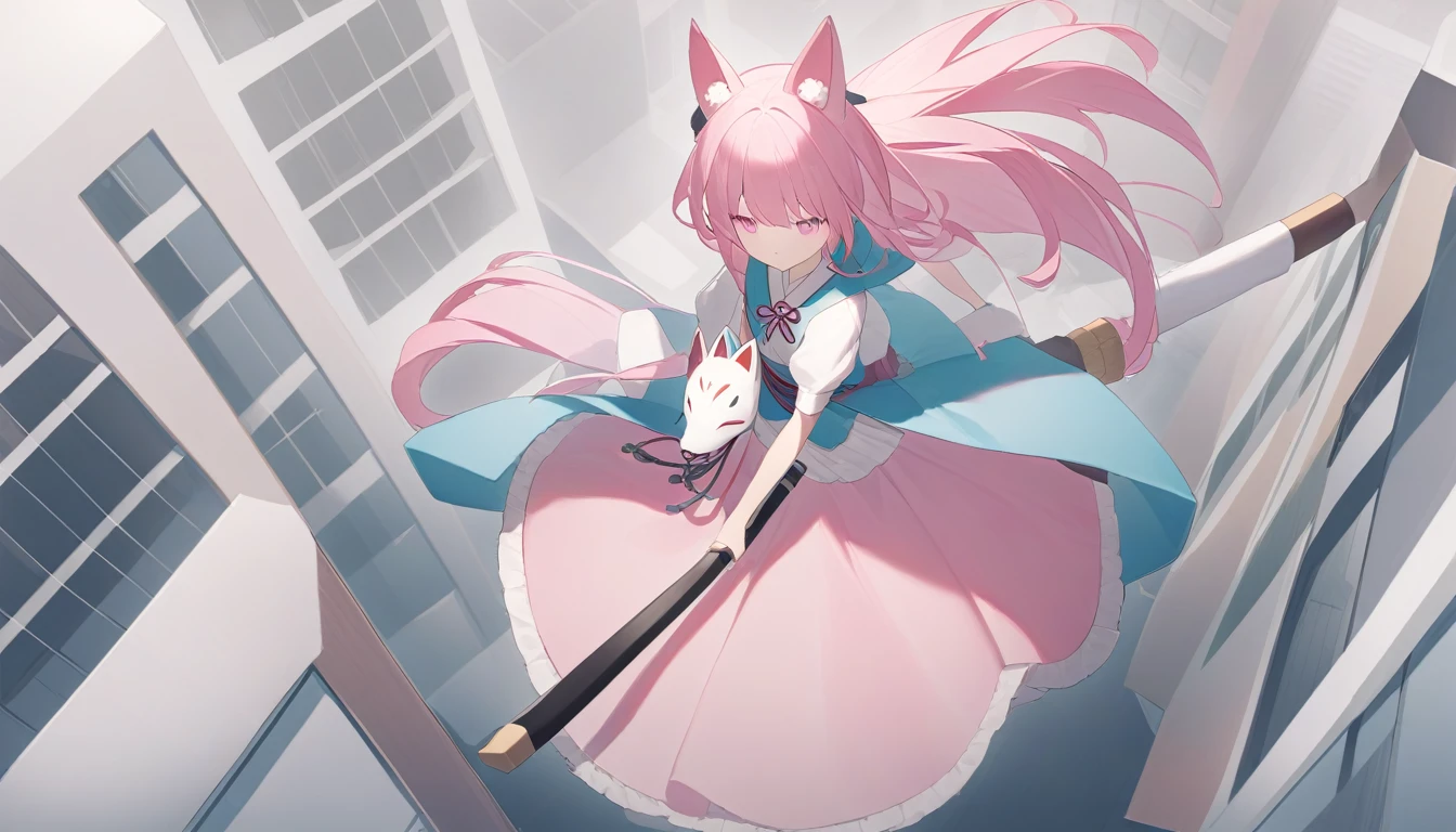 　  I'm carrying very long pink hair and a large round bulging pink skirt of Naginata  、　 Pink Eyes 　Turquoise clothes 、   　girl、 light blue naginata seen from the top right  、expressionless、   holding a naginata with a fox mask on the right side of my head　 nothing grows on my head  　View from top right 