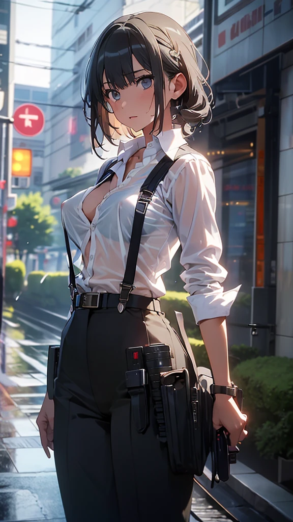 Woman in a suit, belt, Hands on back,  sweaty,  suspenders,  black pants , Sexy, Large Breasts, see-through clothing, rain, Detective, Office Workers,  white button up shirt , ( best quality,4K,8k, High Resolution ,masterpiece:1.2),Ultra-detailed,(Realistic,photoRealistic,photo-Realistic:1.37),Hyper Details,Highly detailed face and body, slender　thin　 suspenders　Medium Breast　 see-through shirt 　Nipples　　Lock　pistol　Armament　Criminal　Female Criminal　knife　Japanese　 profile 　Japanese women　Arrest Handcuffs　belt rain　See-through　holster　 leg links　Armament　
