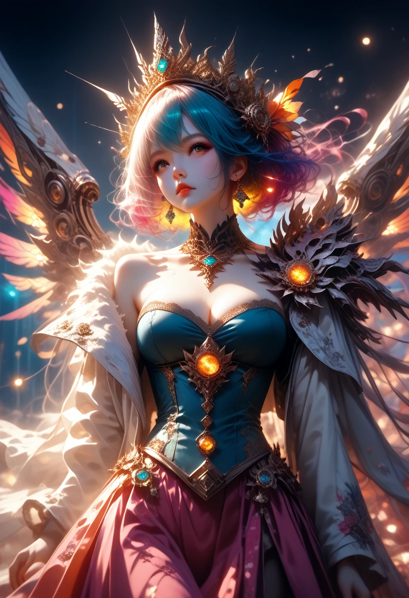 Close-up of a woman with colorful hair and necklace, Anime girl with space hair, Rossdraws Soft Brightness, Works in the style of Guviza, fantasy art style, colorful], bright fantasy style, cosmic and colorful, Gouvez, colorful digital fantasy art, amazing art style, beautiful anime style, White skin, Night coat,full height,, Beautiful Bridge Background Captivates the Viewer,Shine, sexy, chic,Wide Format Image Capture,The Whole Picture, A game of shadows, Clear colors, masterpiece, Full Detailing of the Details, sparks, divinity, score_9,score_8_up,score_7_up,dramatic lighting,highly detailed,high budget,bokeh,cinemascope,moody,epic,gorgeous,film grain,grainy,masterpiece,best quality,perfect anatomy,very aesthetic,official art,8k,big breast