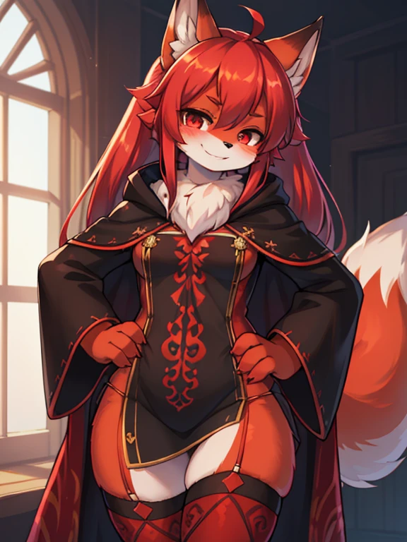 masterpiece, Soft shadows, 1 girl,hairy, hairy狼, personification, woman, Red fur, Red skin, blue eyes, 神话Sacrifice主题, Sexy clothes, Black robe,Sacrifice,Bloody Pattern,Big breasts,Sit on the altar,Red skin,红色的Big breasts,Red belly,Red tail