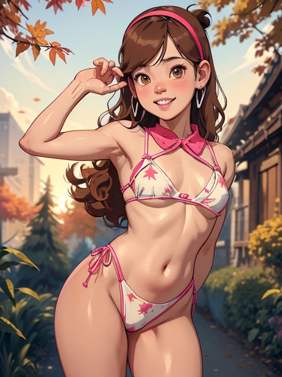 [Mabel], [   Gravity Falls   ], ((masterpiece)), ((   High Resolution   )), ((high res)), ((Solo Portrait)), ((Front View)), ((   Detailed Shading   )), ((   soft texture)), ((  intricate details  )), ((   animated young   )),  Very short ，((   cinematic   )), { Charming; (Long brown hair), (     cute dark brown eyes   ), (  平らなchest), (Curvy Hips), (  Beautiful slim legs  ), (   cute smile   ), (      silver braces with teeth （歯付き）    )}, chest，
fluffy、bikini，
teeth，Urine stains，(  Hot Pink Hair Band      ), (   Diamond Earrings   )}, {(standing), (Wavy), (   staring at the viewer    )}, [ background; (Autumn Prairie   ), Autumn leaves，(sun rays), (Look at the sky), (Sky with clouds), (Ambient Lighting)]，Clever Gestures，