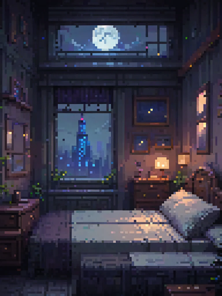 a bed in a room with a window, dark night city view, full moon, lofi, warm lighting, cinematic, moody atmosphere, detailed interior, cozy ambiance, dreamy, atmospheric, soft textures, muted colors, natural lighting, mystical, romantic, intricate details, photorealistic, high quality, masterpiece