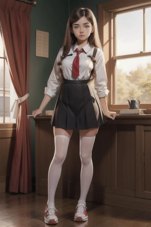 tmasterpiece,best qualtiy,ultra - detailed,illustratio,Colorful,Falt color,depth of fields,lens flare glow,1girl,anime big breast,sitted,brunette color hair,looking at viewert,schools,Classroom,Pleated miniskirt,校服,serafuku,black pantyhoses,Detailed skin texture,Fine cloth texture,Nice and delicate face,See panties