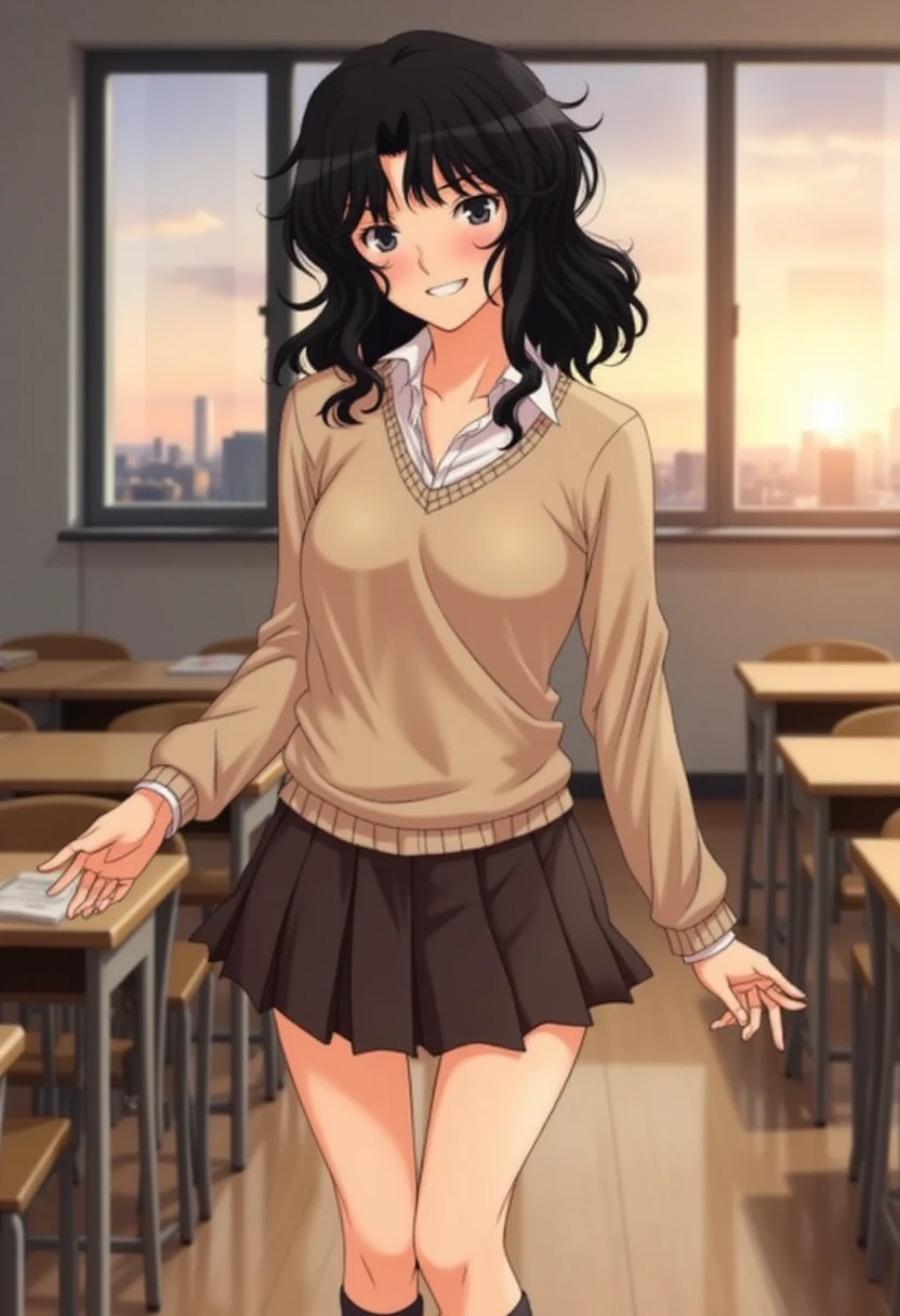 Kaoru Tanamachi(1:2), Ultra detailed face, Attention to detail,  anatomically correct body, whole body(1:2), (Beige knitwear style uniform:1.1), (Dark Brown Skirt:1.1), Japanese High School Uniform, Famous Tokyo Metropolitan High School Uniforms,  Knee-High Socks , Perfect Legs,  mischievous smile,Evening Classroom, sunset, Walking next to me,  clothes showing the navel, Lift up the ,White slippers