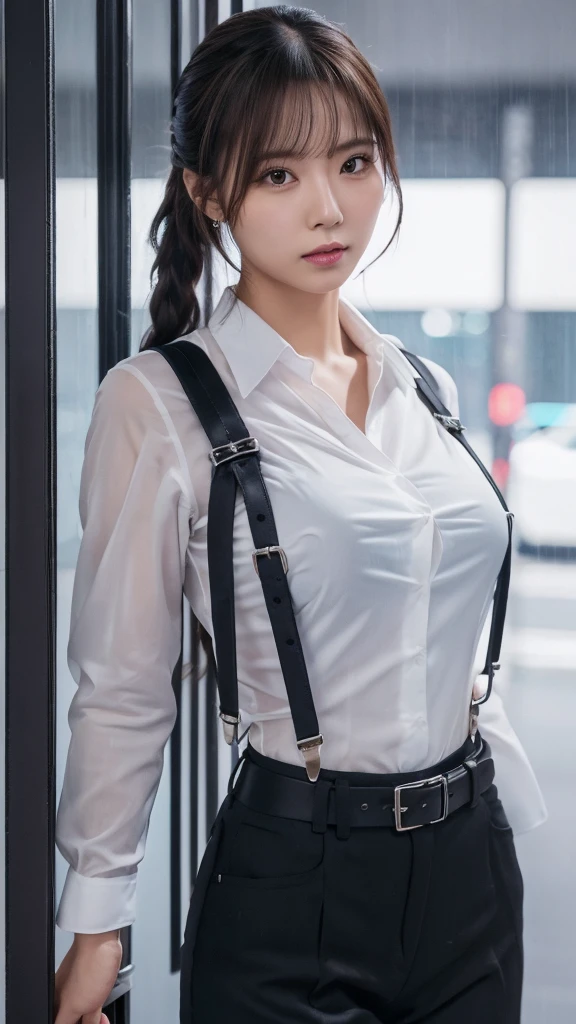 a woman in a suit, belt, hands behind back, sweating, suspenders, black pants, sexly, large breasts, see-through clothing, rain, detective, office worker, white button-up shirt, (best quality,4K,8k,highres,masterpiece:1.2),ultra-detailed,(realistic,photorealistic,photo-realistic:1.37),hyper-detailed,highly detailed face and body, Slender thin suspenders Moderate breasts See-through shirt Nipples holster chain Pistol Armament criminal Female criminal knife