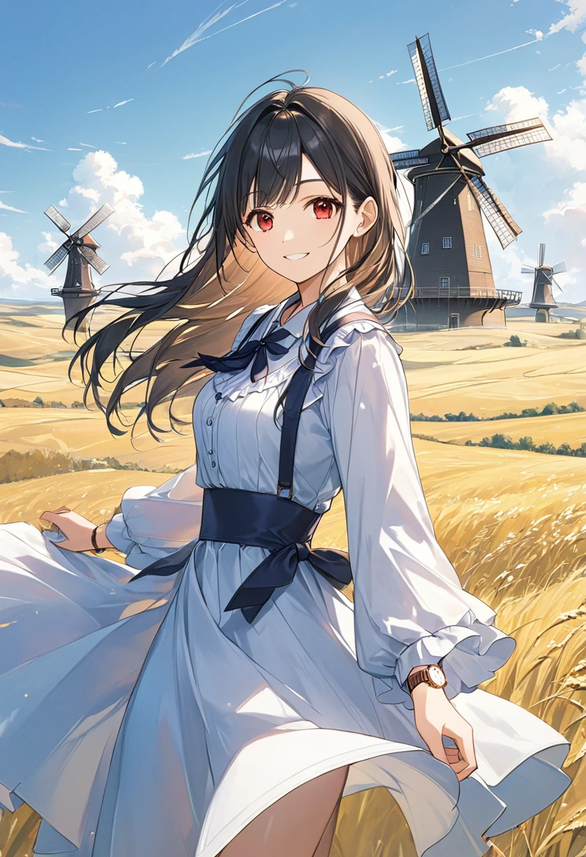  one woman smiling , The woman has a windmill,Hold with both hands,Black Hair,Long Hair,Long sideburns,Half twin hair ,Red Eyes,The background is the plains,A masterpiece where the wind is blowing ,Best Quality,Exquisite,8k, absurd, super detailed illustration ,(Watch the audience)