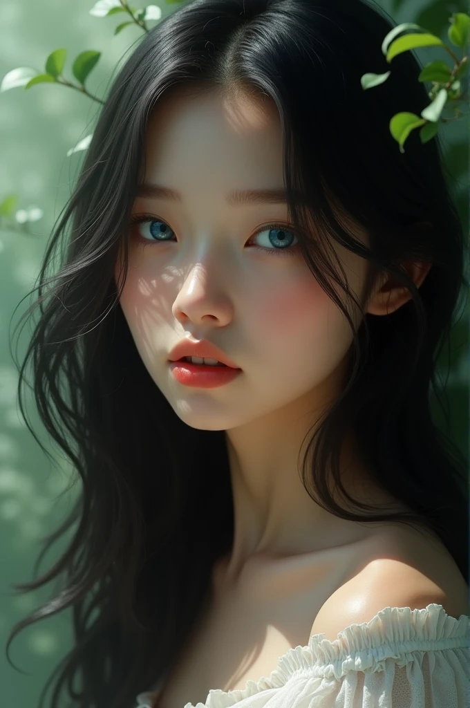 Xia is a woman of great beauty, with blue eyes that seem to shine with an inner light, transmitting warmth and kindness. Her skin is soft and her hair flows gracefully., reflecting her delicate yet strong nature. She is the light in Aleen's life, His presence is serene and full of hope