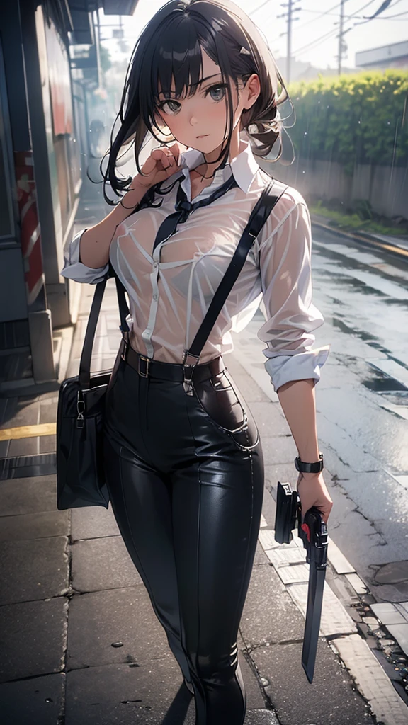 Woman in a suit, belt, Hands on back,  sweaty,  suspenders,  black pants , Sexy, Large Breasts, see-through clothing, rain, Detective, Office Workers,  white button up shirt , ( best quality,4K,8k, High Resolution ,masterpiece:1.2),Ultra-detailed,(Realistic,photoRealistic,photo-Realistic:1.37),Hyper Details,Highly detailed face and body, slender　thin　 suspenders　Medium Breast　 see-through shirt 　Nipples　　Lock　pistol　Armament　Criminal　Female Criminal　knife　Japanese　 profile 　Japanese women　Arrest Handcuffs　belt rain　See-through　holster　 leg links　Armament　
