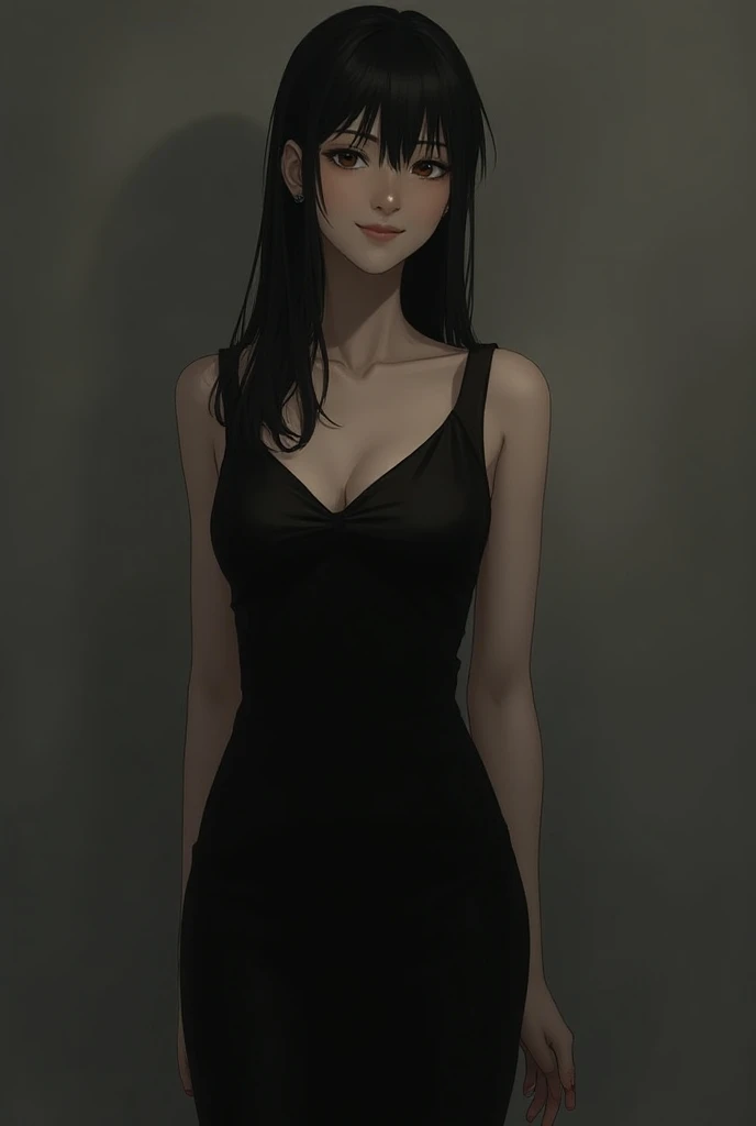 A 1 girl with straight black hair down to her chest and black eyes, full lips, skinny and tall, wearing a black dress up to mid-thigh