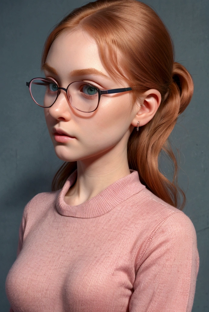 hyperrealistic image,  extremely detailed : A very young girl. (( is defined with great quality and realism . full hd, 8K, his eyes, Sus labios, Your nose,  the oval shape of her face ,  her eyebrows and eyelashes are incredibly detailed with extreme mastery.  The proportions of her body are perfect ,  follows the golden ratio ,  her medium-sized chest is perfect and has incredible detail , her belly is flat ,  were also detailed with slightly marked abs ,  all the lines of the body are defined ,  has a perfectly shaped waist and hips . (90-60-90). She is tall, ((Redhead)), ((glasses)),  has almost magical green eyes , detailed girl's face ,  detailed goddess body .  She wears salmon jeans and a blue wool sweater ,  her perfect figure can be sensed under her clothes .