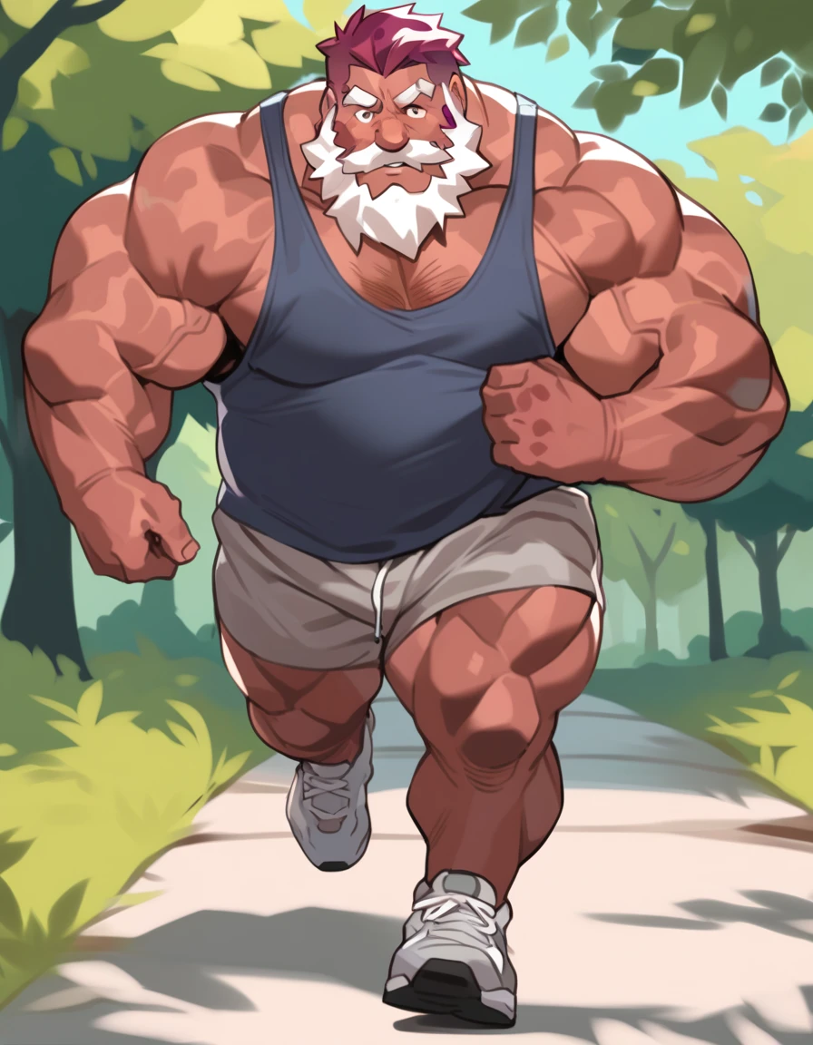 1boy, solo, Huge Muscular old man running in park, (wearing shorts and tank top), wrinkles skinned, burgundy hair, white Beard, pectoral, two tone hair color