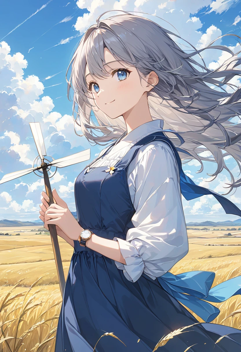  one woman smiling ,I have a hand-held windmill,Hold with both hands,Gray Hair,Long Hair, half twin tail ,Long sideburns,Blue Eyes,The background is the plains,A masterpiece where the wind is blowing ,Best Quality,Exquisite,8k, absurd, super detailed illustration ,(Watch the audience)