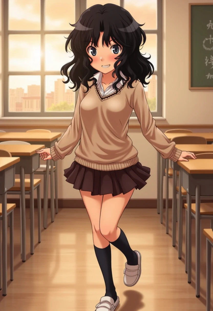 Kaoru Tanamachi(1:2), Ultra detailed face, Attention to detail,  anatomically correct body, whole body(1:2), ( beige knitwear style uniform showing belly:1.1), (Dark Brown Skirt:1.1), Japanese High School Uniform, Famous Tokyo Metropolitan High School Uniforms,  Knee-High Socks , Perfect Legs,  mischievous smile,Evening Classroom, sunset, Walking next to me, Tuck up your clothes, 腹を見せている,White slippers