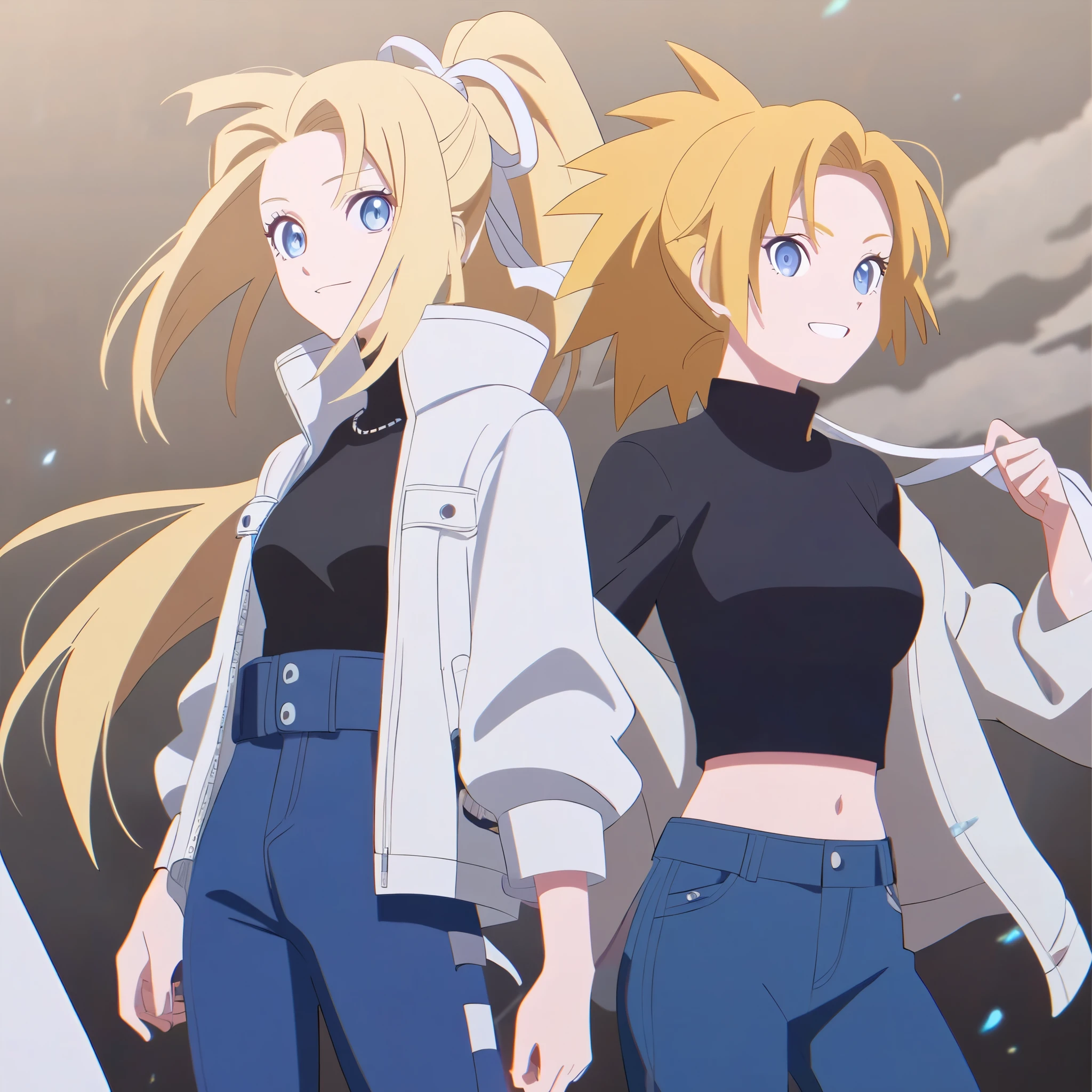 Naruto Styles, Girl, Blonde hair, ponytail hair, Blue eyes, Smile, White Jacket, Black shirt, Blue pants, White ribbon, Illustration, Anime Style